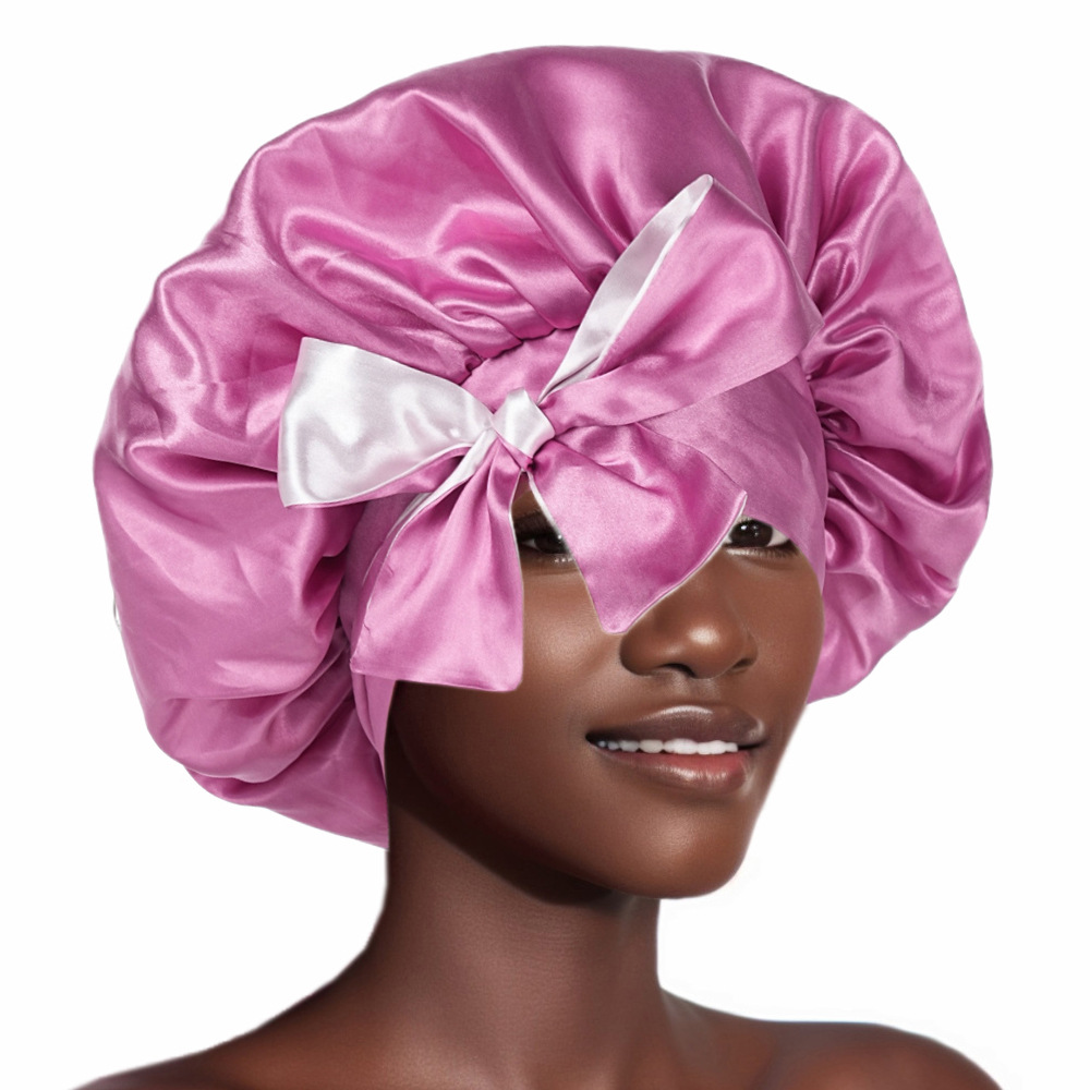 Silk Bonnet for Sleeping Women, Double Layer Satin Hair Bonnet with Tie Band, Silk Sleep Cap for Curly Hair and Braids (Pink)