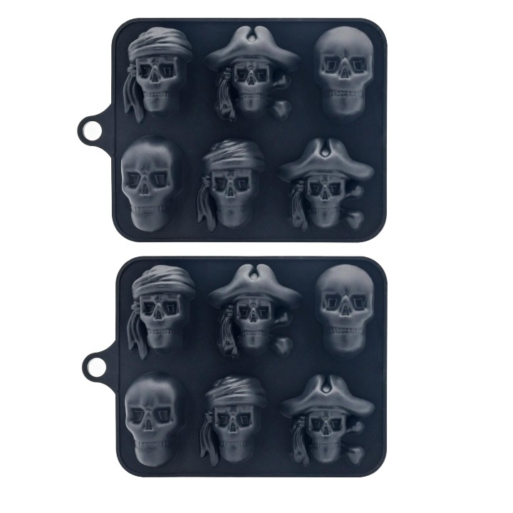Pack Pirate Skull Ice Cube Mold, Silicone Ice Cube Tray for Halloween, Reusable Ice Makers for Whiskey, Cocktails and Drinks (Black)