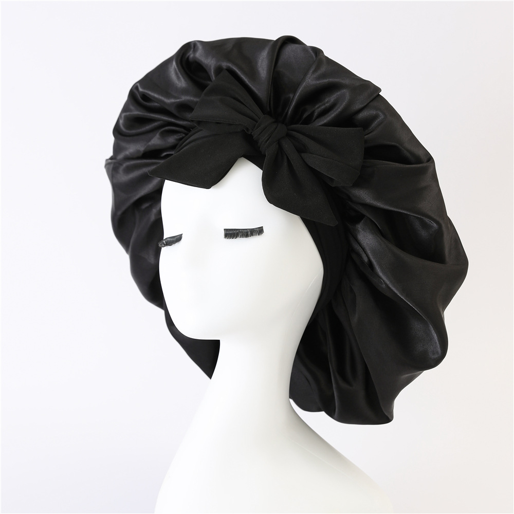 Satin Silk Bonnet for Sleeping Women, Soft Elastic Band Silk Hair Bonnet, Adjustable Satin Sleep Cap for Curly Hair (Black)