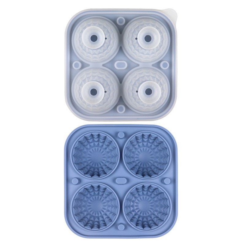 Large Silicone Ice Cube Tray, 4 Round Slots Ice Cube Trays for Freezer with Lid, Leak-Free Ice Ball Maker Mold for Whiskey, Cocktails, Bourbon (Blue)