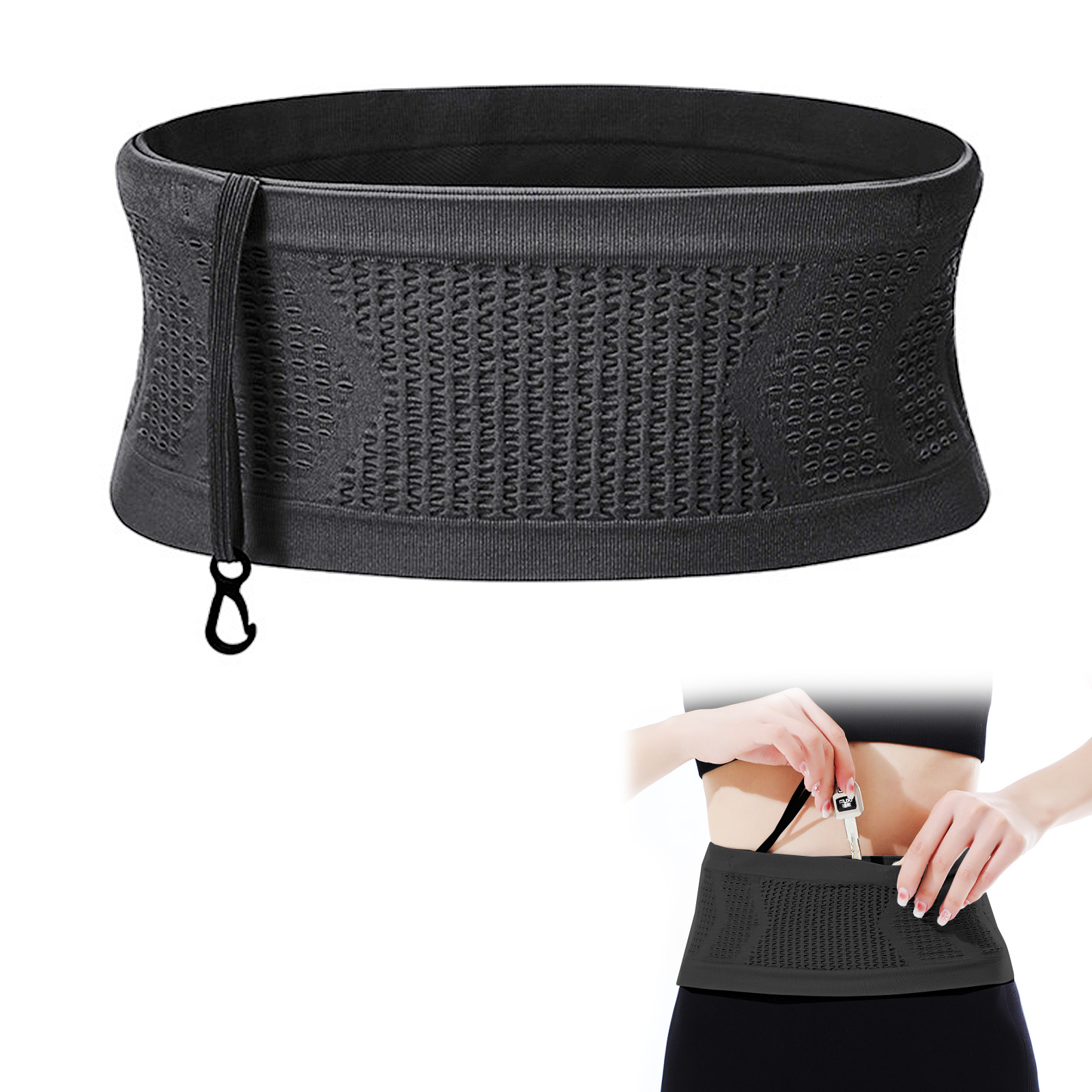 Slim Running Belt, Running Belt Fanny Pack for Men Women, Travel Running Waist Belt for Money and Passport (Black, Large)