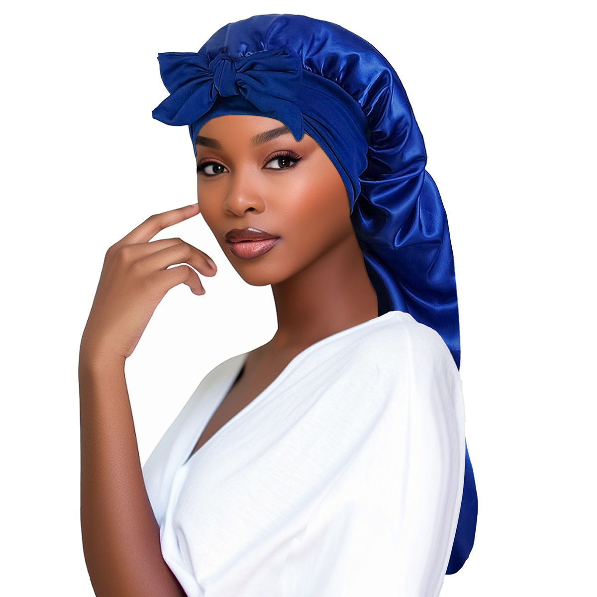 Extra Long Satin Bonnet for Women, Adjustable Braid Bonnet with Tie Band, Double Layer Elastic Silk Bonnet for Braids Hair Sleeping Cap (Blue)
