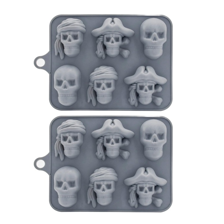 Pack Pirate Skull Ice Cube Mold, Silicone Ice Cube Tray for Halloween, Reusable Ice Makers for Whiskey, Cocktails and Drinks (Grey)