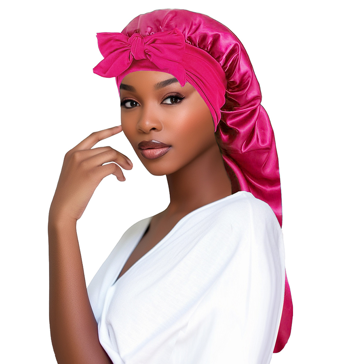 Extra Long Satin Bonnet for Women, Adjustable Braid Bonnet with Tie Band, Double Layer Elastic Silk Bonnet for Braids Hair Sleeping Cap (Rose Red)