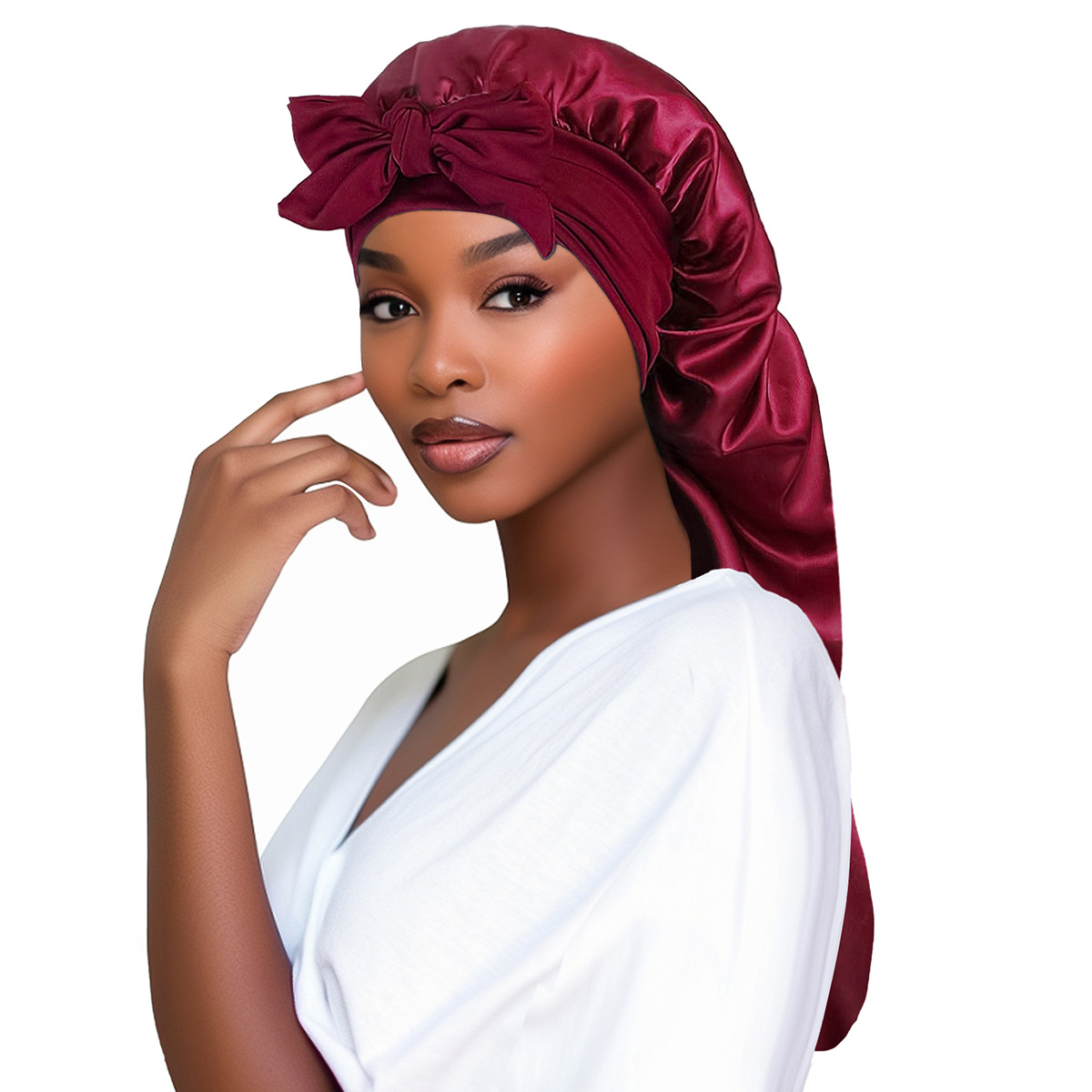 Extra Long Satin Bonnet for Women, Adjustable Braid Bonnet with Tie Band, Double Layer Elastic Silk Bonnet for Braids Hair Sleeping Cap (Red)