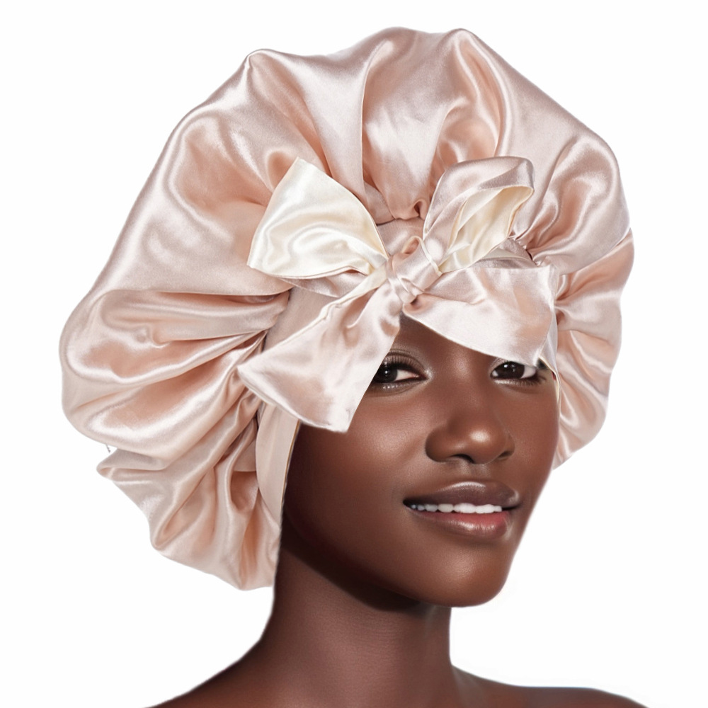 Silk Bonnet for Sleeping Women, Double Layer Satin Hair Bonnet with Tie Band, Silk Sleep Cap for Curly Hair and Braids (Khaki)