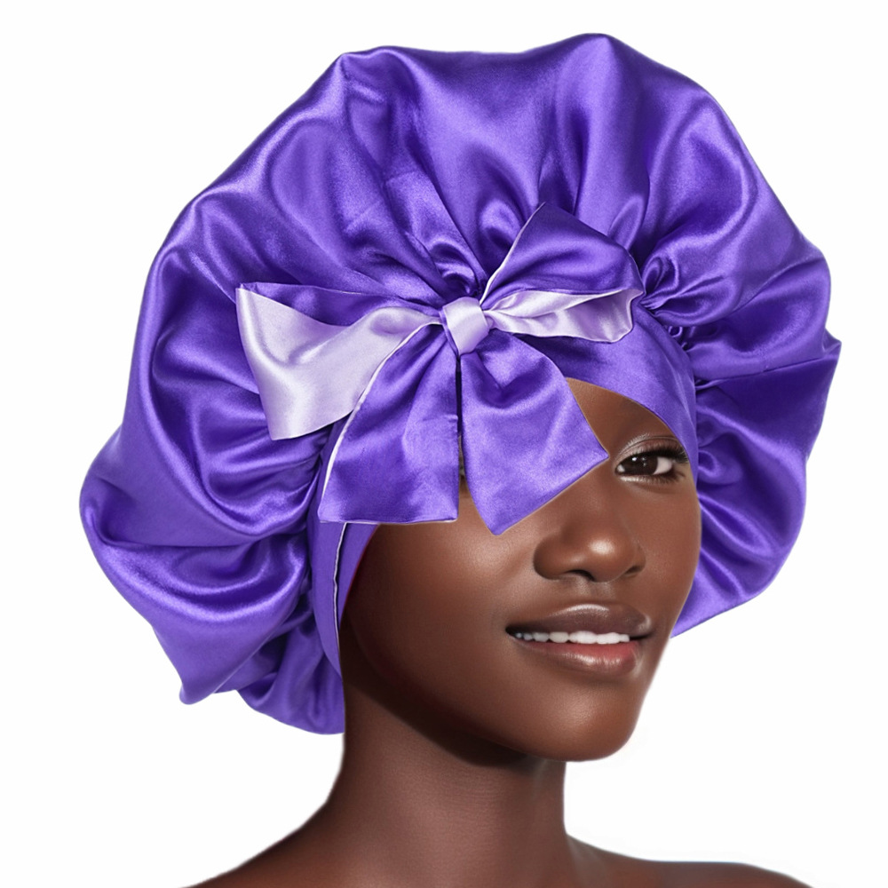 Silk Bonnet for Sleeping Women, Double Layer Satin Hair Bonnet with Tie Band, Silk Sleep Cap for Curly Hair and Braids (Purple)